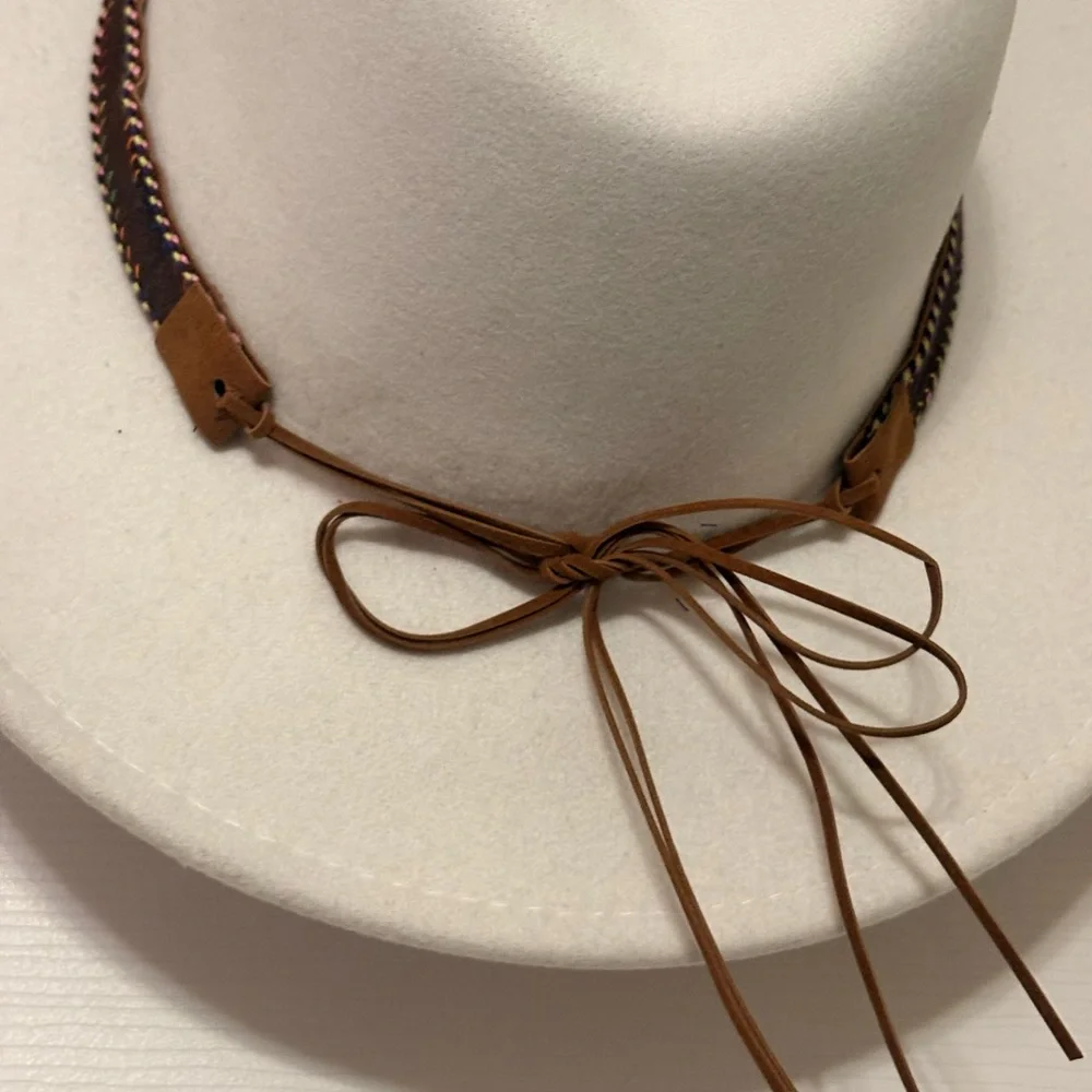 White Fedora Hat with Brown Band - Picture 3 of 5